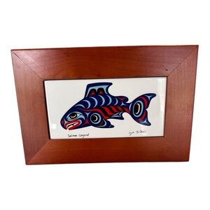 Tribal Art Ceramic Tile Framed Keepsake Box Salmon Legend Signed By Joe Wilson
